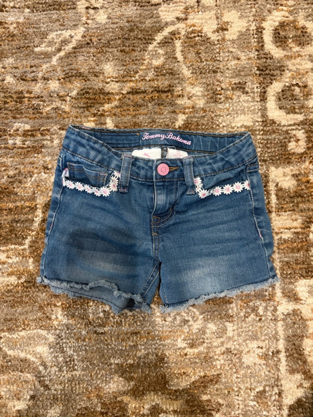 Tommy Bahama Girls' Denim Shorts with Pink Logo Detail - Blue size 5